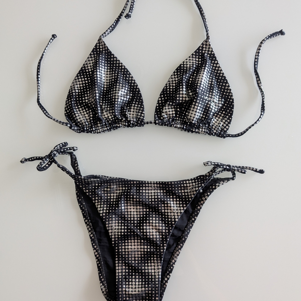 Black Metallic Dot Tie-Side Bikini - Women Swim - Picture 2 of 5